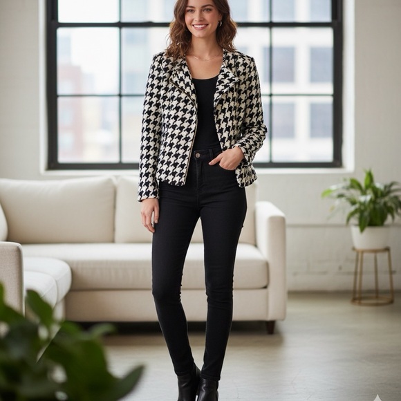 Q Mack Herringbone Blazer Black & White Jacket Asymmetrical Gold Zip Size M - Picture 4 of 14